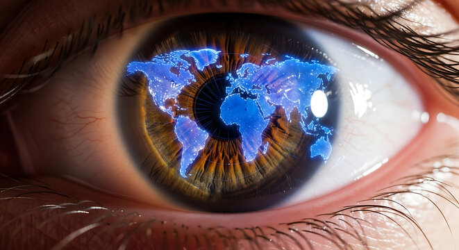 Detailed macro shot of a brown eye with a glowing blue digital world map reflected on the iris.