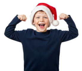 excited boy with santa hat and freckles in a strong pose