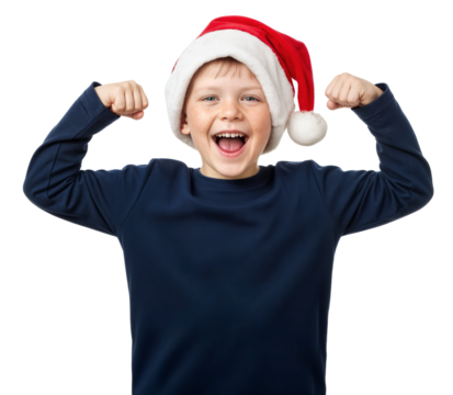 excited boy with santa hat and freckles in a strong pose