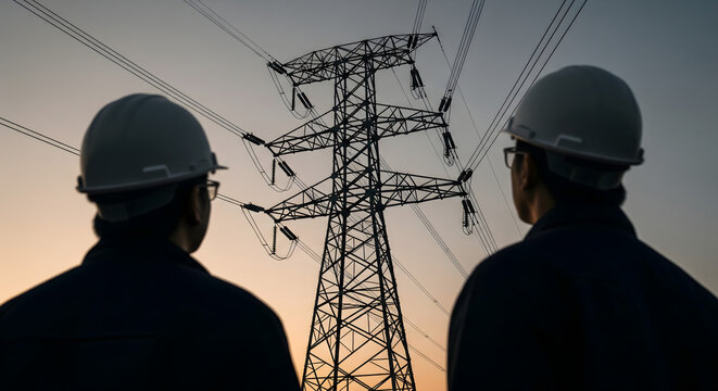 Two electrical engineers in hard hats looking up at a high-voltage power transmission tower and lines at sunset, representing the power industry.