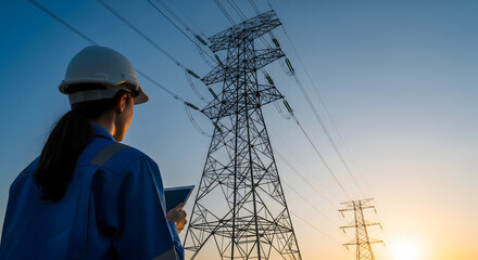 A female electrical engineer in a hard hat and uniform, holding a tablet and looking at a high-voltage power transmission tower at sunset.