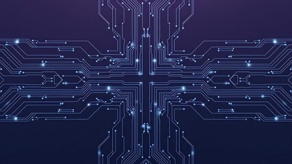 Abstract futuristic circuit board design with glowing blue light paths forming a central processing core. High-tech digital data network background. - Powered by Adobe