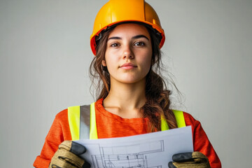 Confident young woman construction worker wearing yellow hard hat reflective vest work gloves holds architectural blueprints looking at camera.