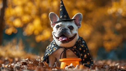 French bulldog in witch costume with pumpkin bucket in autumn leaves