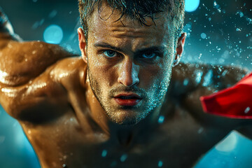 Close up of intense muscular athlete with wet skin and blue eyes. Water drops splash around him during a dark boxing workout.