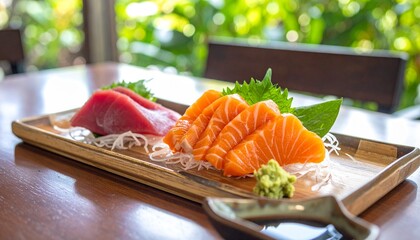 Raw fish slice and oyster serve with wasabi on the table