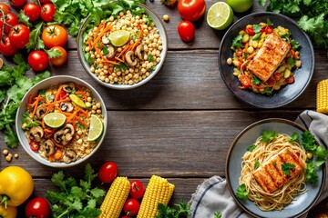 Colorful bowls and plates of healthy meals with grains, vegetables, mushrooms, and grilled fish on rustic wood background with fresh herbs and tomatoes. Ai generative