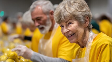 Smiling senior volunteers work together wearing yellow shirts at a packing event sorting fresh produce for a good cause