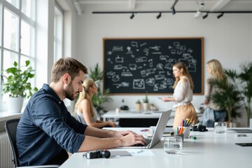 Team of creative professionals working and discussing ideas in bright modern office, with chalkboard background and green plants. Ai generative