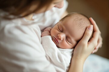 Newborn baby sleeping peacefully in mother's arms, soft focus photography style, warm and gentle background, concept of love, care, and motherhood. Ai generative