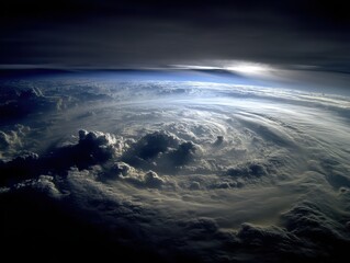 A dramatic view of a massive storm system swirling in Earth’s atmosphere, captured from above with dramatic lighting and dense cloud formations