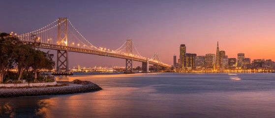 A stunning view of San Francisco’s Bay Bridge and skyline at sunset, with calm waters reflecting city lights