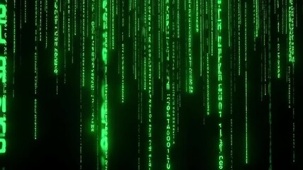 Futuristic digital stream of glowing green code cascading in darkness - Powered by Adobe