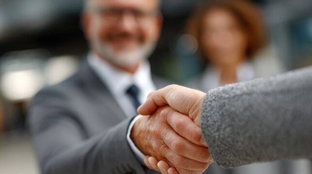 A professional handshake represents agreement and collaboration between business partners in a corporate setting.