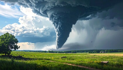 A massive tornado sweeps over a rural landscape under stormy skies