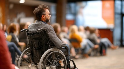 A man in a wheelchair listens attentively to a presentation in a conference setting, showcasing inclusivity and engagement in the audience.