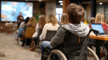 Obraz premium A person in a wheelchair attends a presentation, surrounded by an audience in a modern, collaborative workspace.