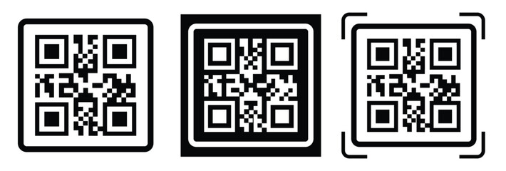 Fototapeta premium Minimalist QR code scanner icon set featuring three black and white variations with scan frames and mobile scanning concept. Clean flat vector symbols for apps, payment, barcode, technology, and UI de