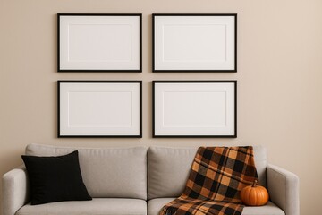 Modern living room setup featuring a frame mockup designed for Halloween decorations, blending contemporary style with festive spirit. Perfect for creating a spooky atmosphere.