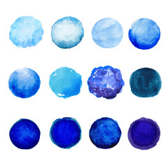 Set gradient blue paint circle brush strokes, hand drawn. collection vector abstract turquoise, indigo round and blots on white isolated background