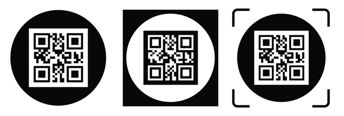 Obraz premium Minimalist QR code scanner icon set featuring three black and white variations with scan frames and mobile scanning concept. Clean flat vector symbols for apps, payment, barcode, technology, and UI de