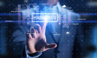 Marketing Strategy and Development Concept Illustrated on Virtual Interface.