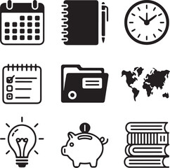 Set of nine detailed personal organizer icons with transparent background icons set planning
