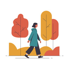 Woman walking in the autumn park isolated on white background. Autumn concept. Background for autumn celebration. Vector stock
