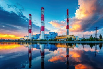 Obraz premium Power plant with tall red-white chimneys reflecting in calm water at sunset, dramatic sky and clouds in the background
