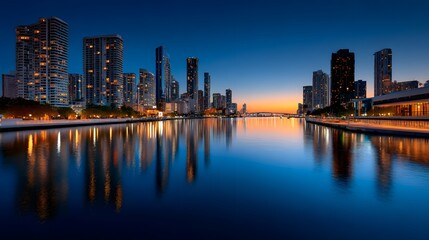 Naklejka premium Stunning City Skyline Reflected on Calm Water at Night with Illuminated Buildings and Twilight Sky