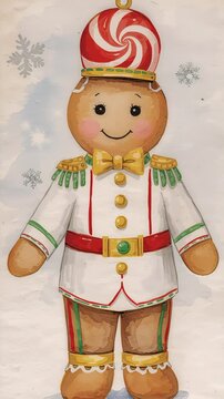 Charming gingerbread character in festive uniform with peppermint hat and cheerful expression