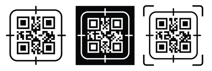 Fototapeta premium Minimalist QR code scanner icon set featuring three black and white variations with scan frames and mobile scanning concept. Clean flat vector symbols for apps, payment, barcode, technology, and UI de