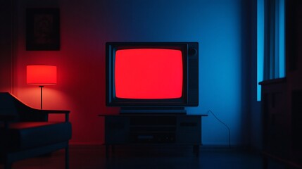 Fototapeta premium Retro TV illuminates dim living room