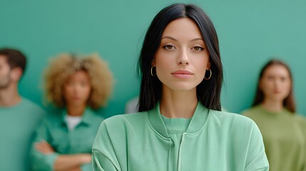 Confident Young Woman in Green Attire with a Group of Friends Against a Green Background