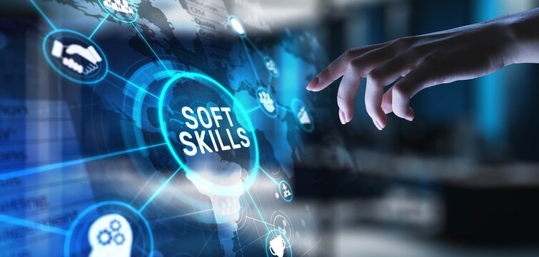 Soft Skills Enhancing Communication and Interpersonal Effectiveness, projection on a virtual screen, Business and Technology Concept.