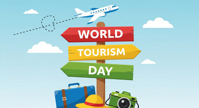Celebrate World Tourism Day with vibrant imagery of travel essentials like a suitcase, camera, and airplane soaring through a sky filled with fluffy clouds, inspiring global adventures and exploration