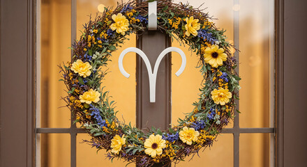 Floral wreath with equinox symbol hanging on front door