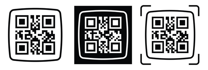 Fototapeta premium Minimalist QR code scanner icon set featuring three black and white variations with scan frames and mobile scanning concept. Clean flat vector symbols for apps, payment, barcode, technology, and UI de