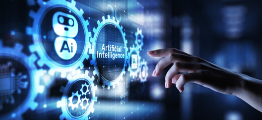 AI Artificial intelligence, Machine learning, Big data analysis and automation technology in business and industrial manufacturing concept on virtual screen.