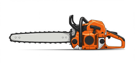 Fototapeta premium Orange chainsaw isolated on white background, professional tool for cutting wood and trees