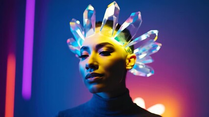 Futuristic video portrait of woman with glowing crystal headpiece under neon lights blinking and smiling with vibrant prism reflections in conceptual fashion and surreal art style - Powered by Adobe