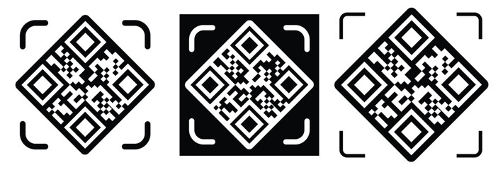 Fototapeta premium Minimalist QR code scanner icon set featuring three black and white variations with scan frames and mobile scanning concept. Clean flat vector symbols for apps, payment, barcode, technology, and UI de
