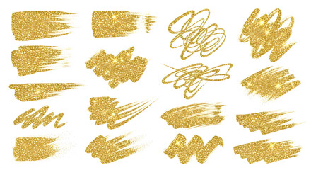 Gold Glitter Brushstroke Elements Set — Hand-Drawn Metallic Gold Paint Strokes and Scribbles on Transparent Background for Graphic Design, Invitations and Social Media Accents