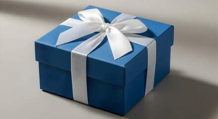 Elegant Blue Gift Box with White Satin Ribbon &mdash; Luxury Square Present Wrapped in Deep Azure Paper and Tied with Crisp White Bow for Weddings, Birthdays and Boutique Packaging