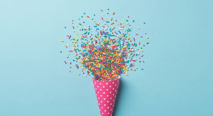 Pink cone overflowing with colorful sprinkles on a light-blue background Free space for text Festive, joyful concept, perfect for party invitations or bakery advertising