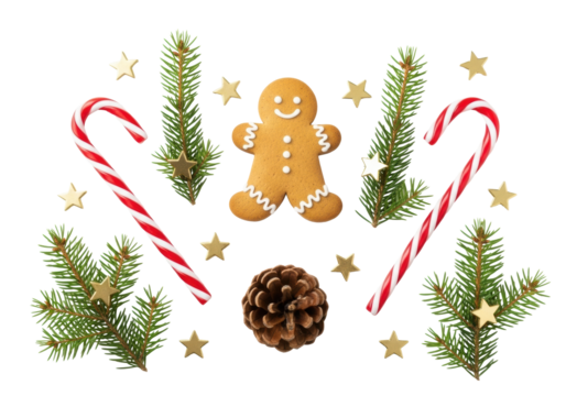 Glossy red & white candy canes, gingerbread man, pine cone, fir branches, and gold stars in a flat lay on a transparent background, bright festive holiday concept