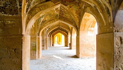 Fototapeta premium Ancient Stone Arch Corridor with Warm Light and Shadow