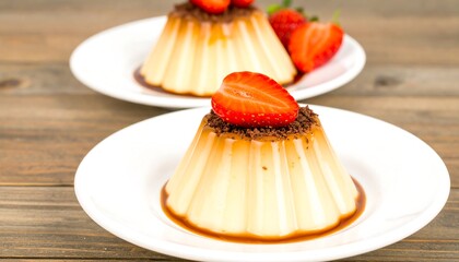 Two creamy flan desserts topped with chocolate shavings and fresh strawberries on white plates