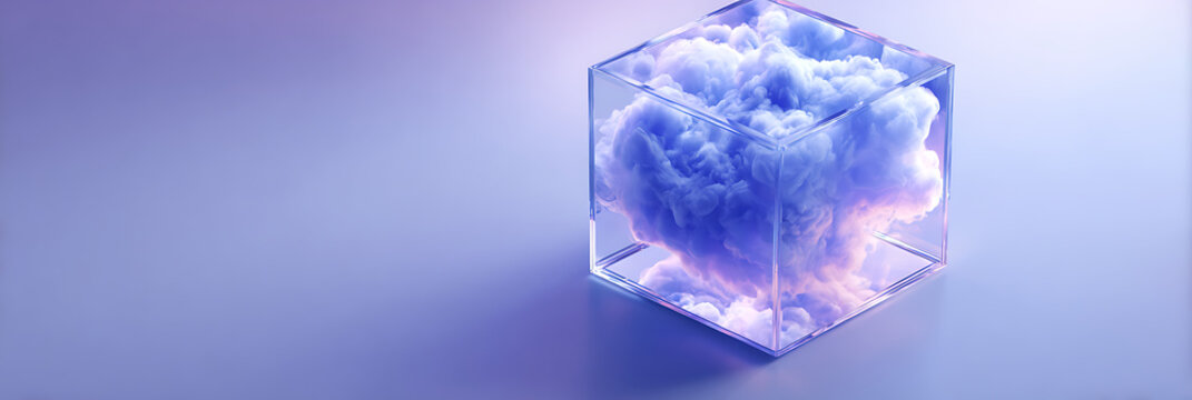 A translucent cube contains a vibrant, swirling cloud of purple and blue smoke or vapor, creating an abstract and ethereal display of contained energy.
