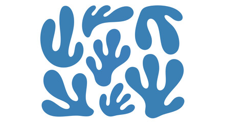 Abstract design featuring stylized, blue, plant-like shapes arranged in a grid pattern.